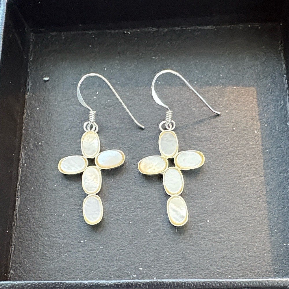 Elegant 925 Sterling Silver Mother Pearl  Cross Earrings